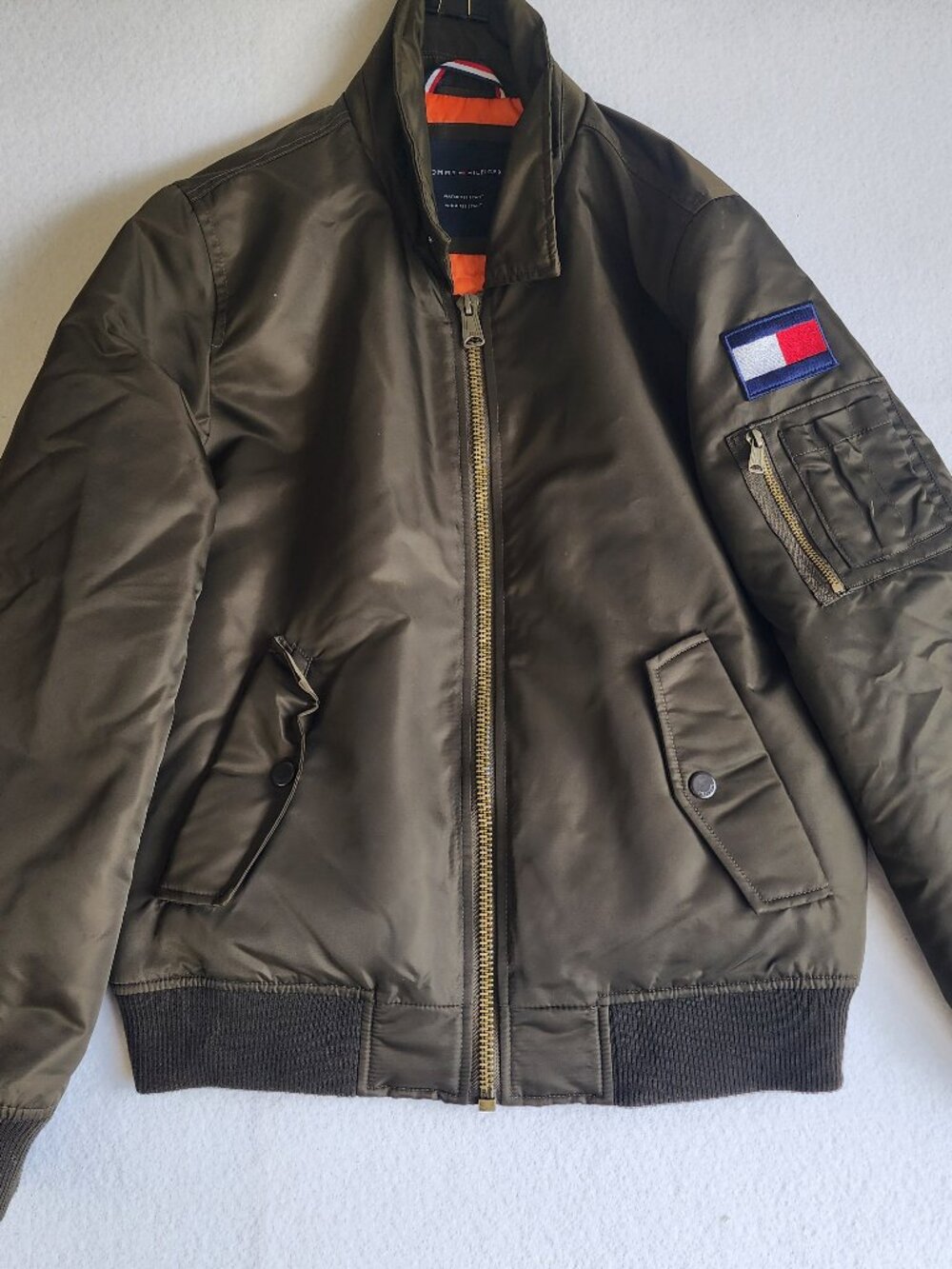 Tommy Hilfiger Men’s Olive Green Bomber Jacket Water Resistant Utility FLAW